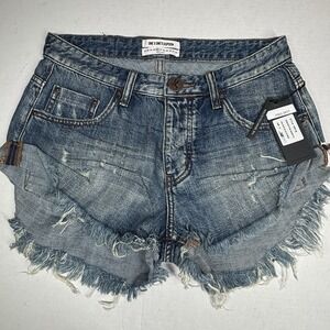 One Teaspoon Distressed Cut Off Jean Shorts‎ Womens 26 RAW HEM Blue Suede NWT